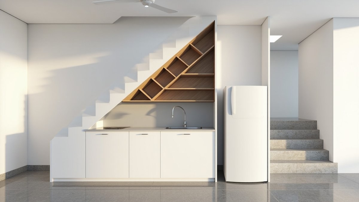 Illustrative concept design: white pantry run under a concrete stair with triangular oak shelving