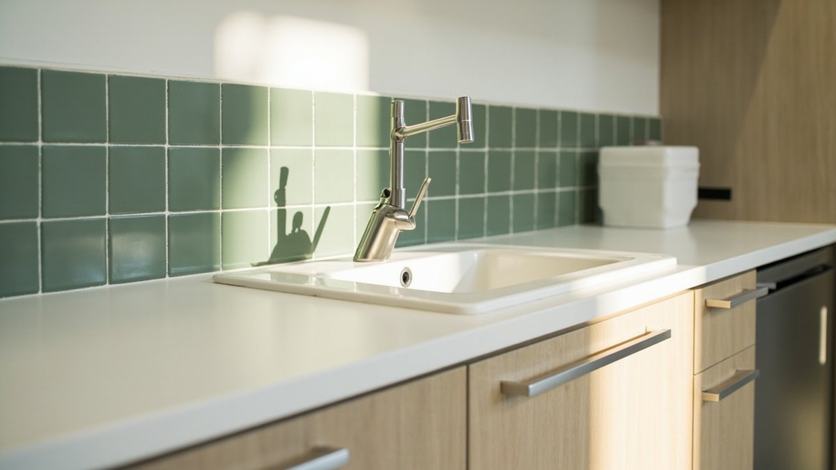 Illustrative concept design: white worktop and sink against a sage green tiled backsplash