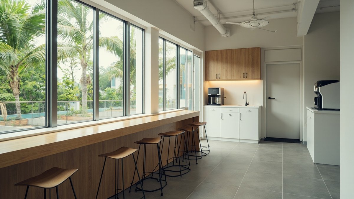 Illustrative concept design: long oak window counter with stools in an office pantry