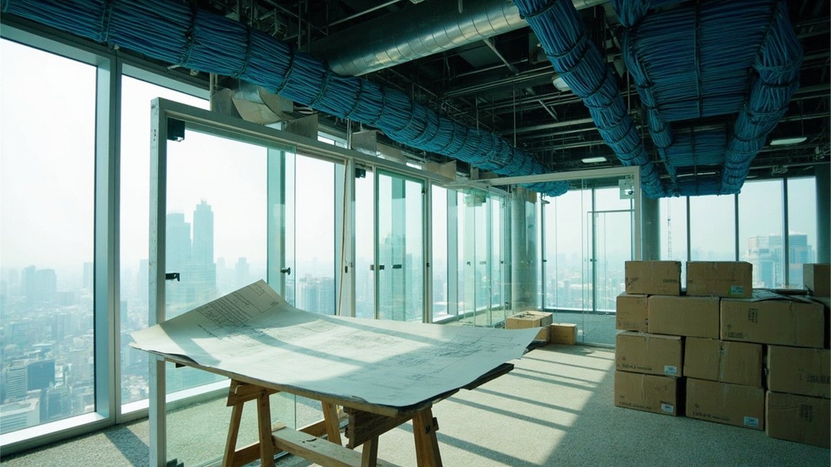 New office floor mid fit-out with glass partitions, data cables and moving boxes