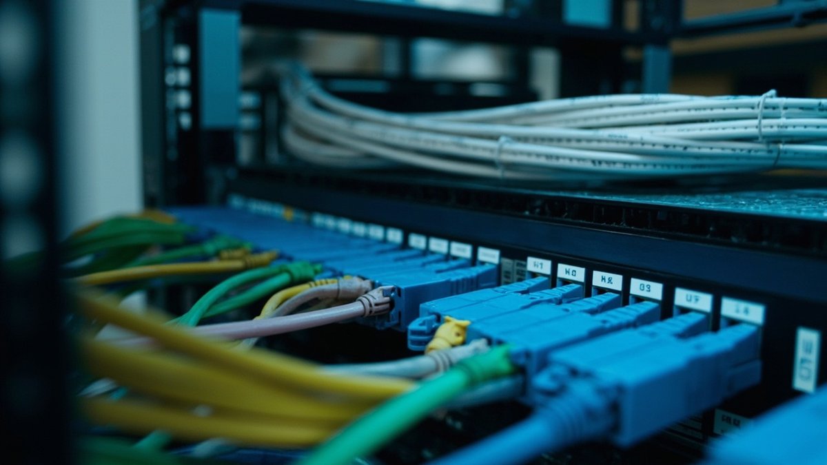 A tidy office comms rack with a labelled Cat6 patch panel and colour-coded patch cords to a switch