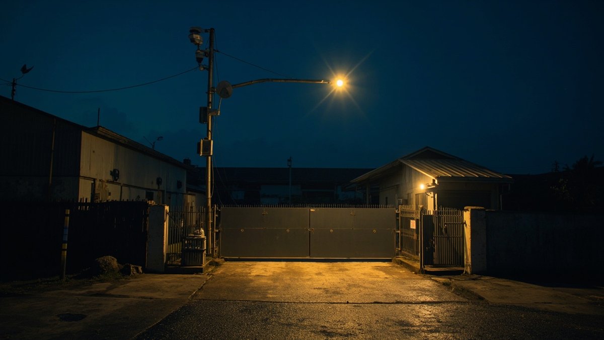 Two bullet CCTV cameras on a steel pole at a factory yard gate at night