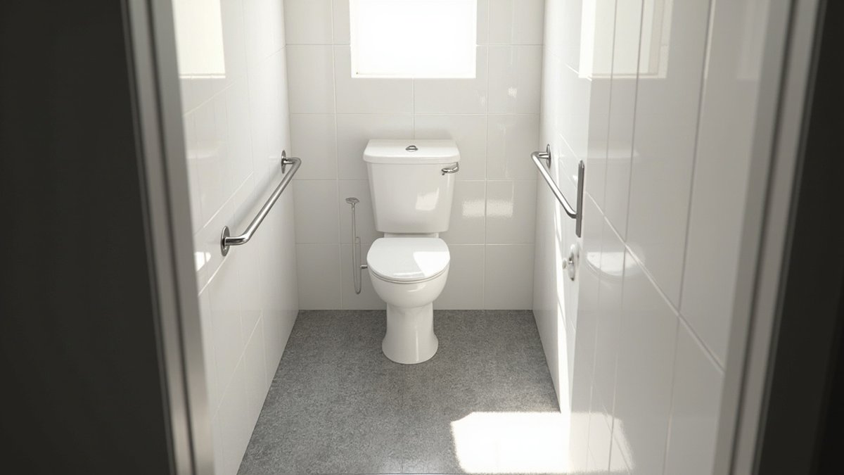 Illustrative concept design: toilet between two stainless grab bars with a speckled grey anti-slip floor