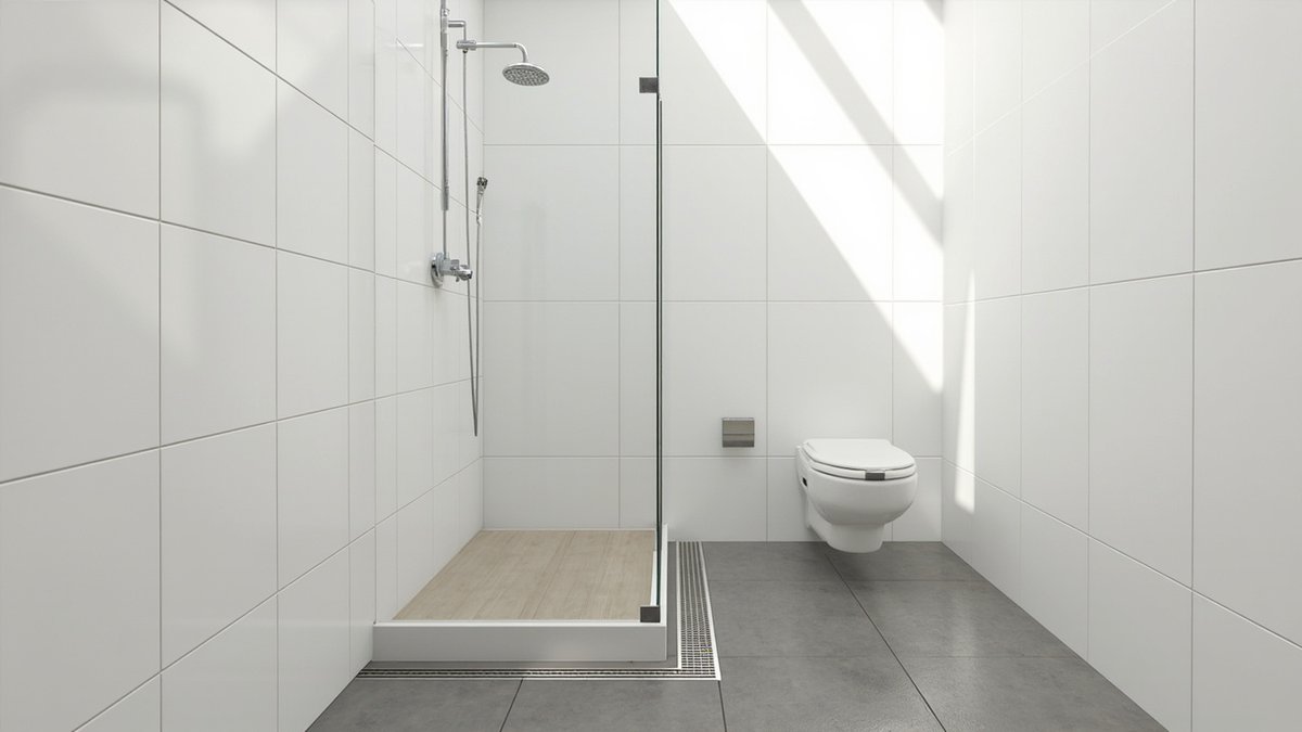 Illustrative concept design: white tiled bathroom with a low shower tray, a glass panel, a linear drain and a wall-hung toilet