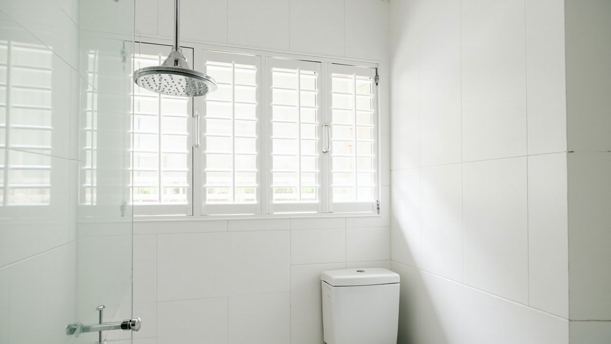 Illustrative concept design: white tiled bathroom with a wide window of white louvred panels above a rain shower