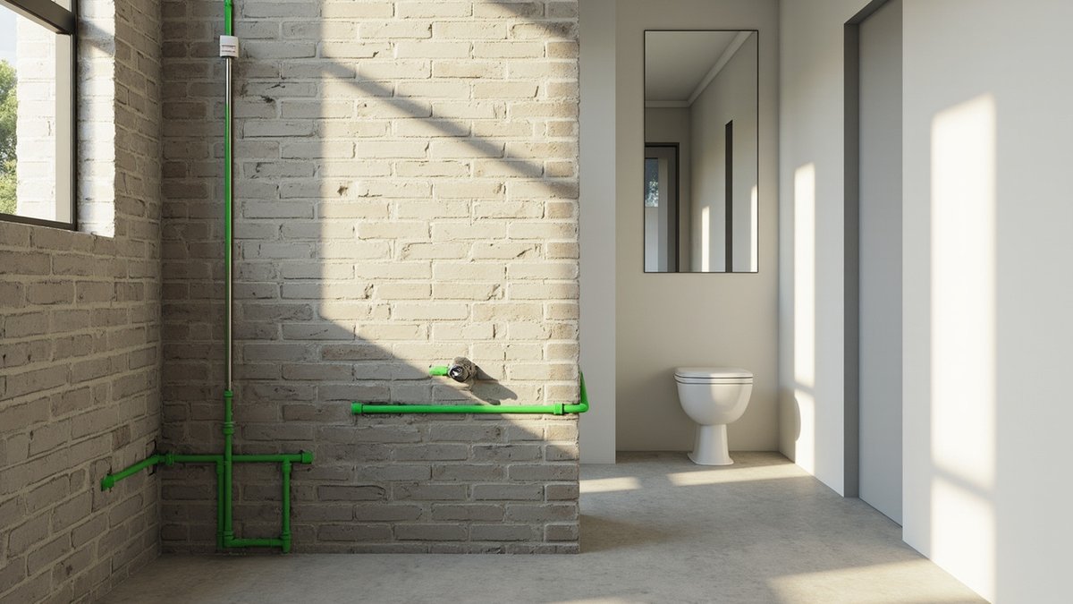 Illustrative concept design: green PPR pipes on a painted brick wall leading to a new mixer point before tiling