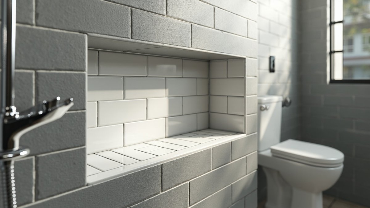 Illustrative concept design: deep recessed niche lined with white subway tiles in a grey tiled shower wall