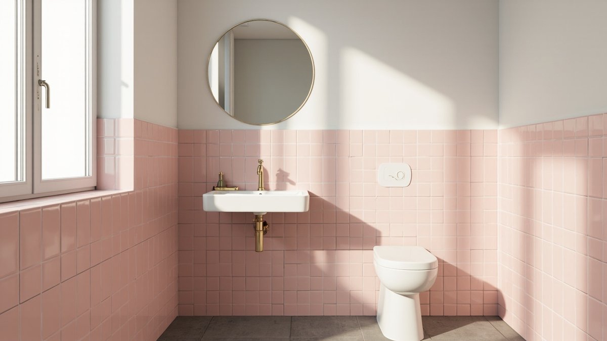 Illustrative concept design: pale pink square tiles with a white wall-hung basin, brass tap and a round brass-framed mirror