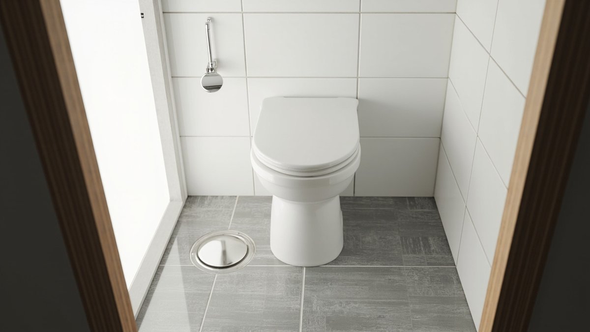 Illustrative concept design: seated toilet on grey floor tiles beside a round stainless floor trap, white wall tiles