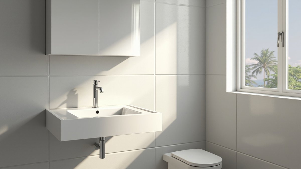 Illustrative concept design: white wall-hung basin with a chrome tap under a white mirror cabinet on large grey tiles