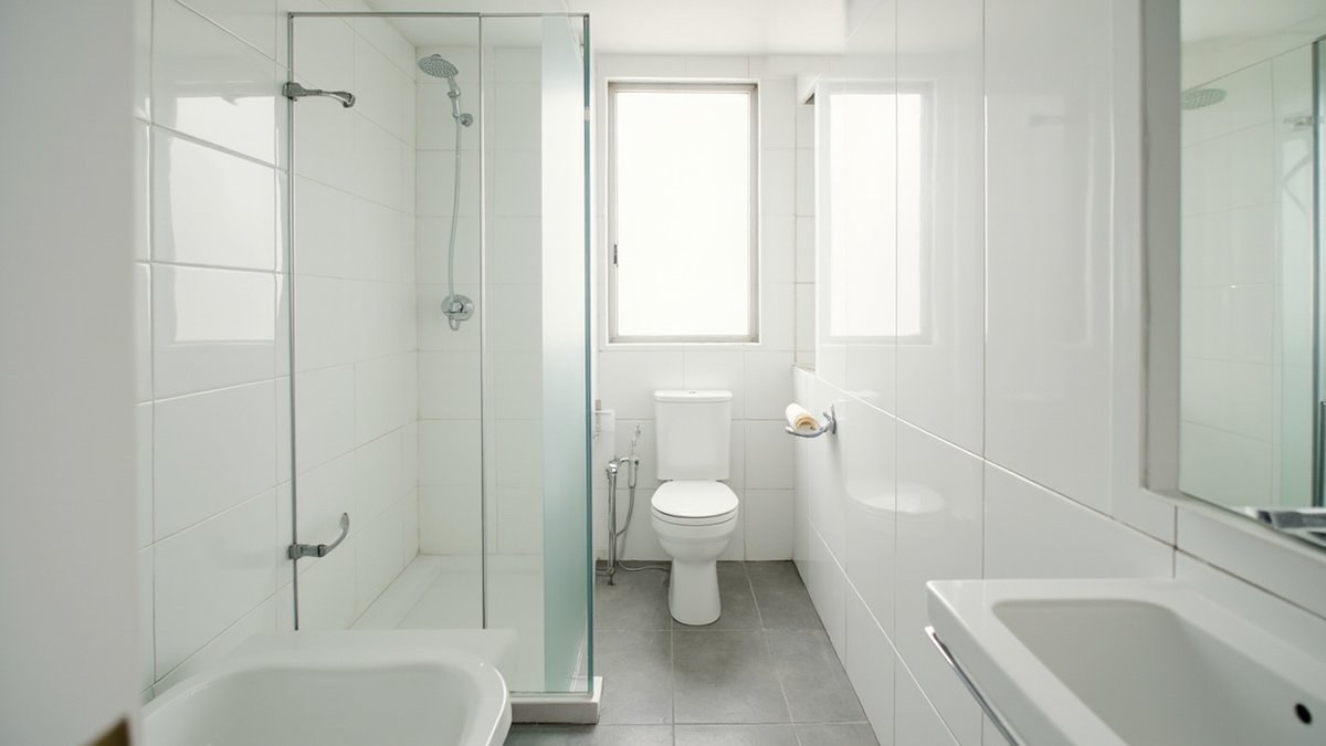 Illustrative concept design: long white bathroom split by a frosted glass partition into shower and toilet zones