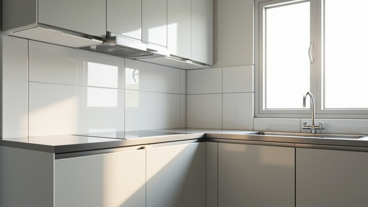 Illustrative concept design: light grey flat-door cabinets with a stainless worktop and sink under a window