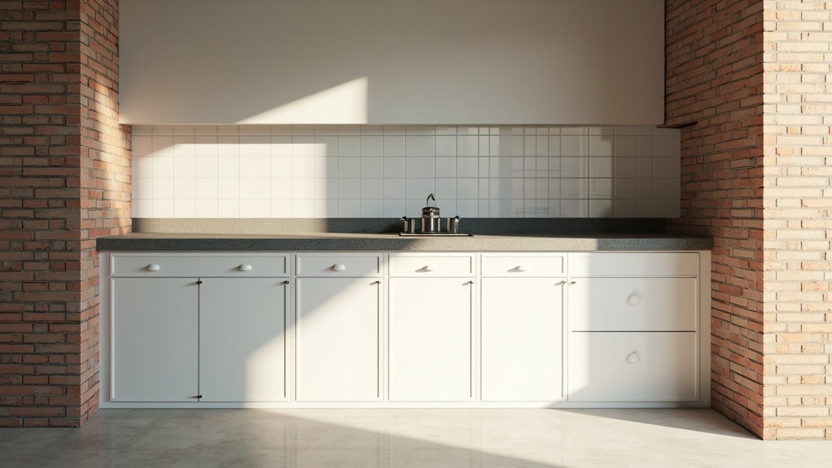 Illustrative concept design: concrete-look worktop over white framed cabinet doors with a white tiled splashback between brick piers