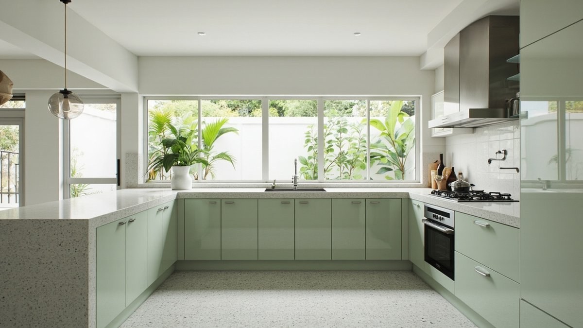 Illustrative concept design: U-shaped kitchen with sage green cabinets, a terrazzo worktop and floor, a wide window over the sink and a stainless hood