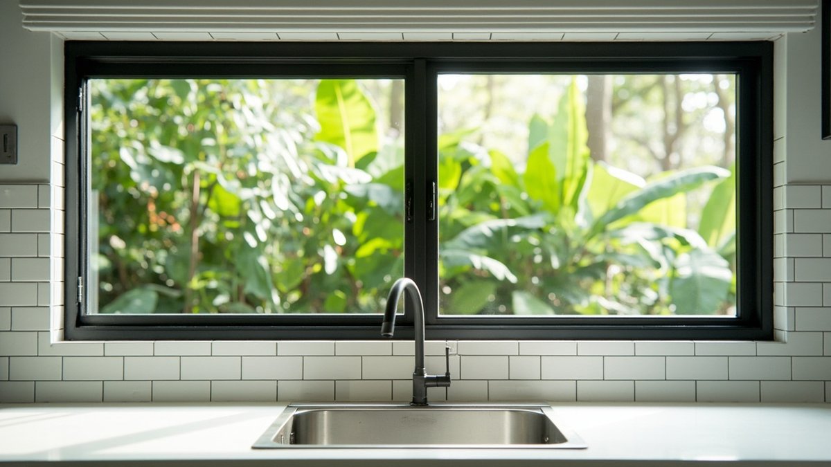 Illustrative concept design: wide black-framed sliding window over a stainless sink in white subway tiles