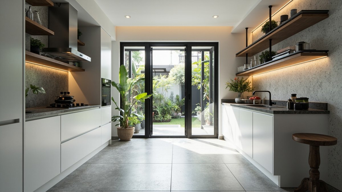 Illustrative concept design: galley kitchen with white cabinets and open shelves leading to black-framed glass doors onto a back yard