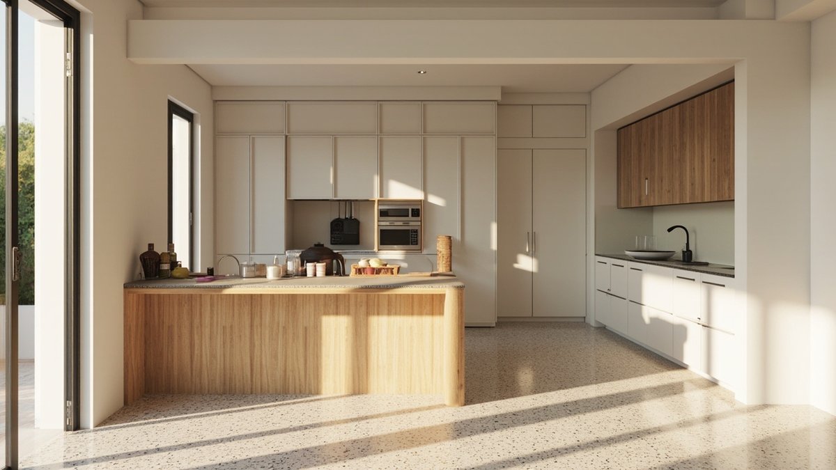 Illustrative concept design: open kitchen with a timber-faced counter, tall white cabinets and a terrazzo floor seen from the dining side