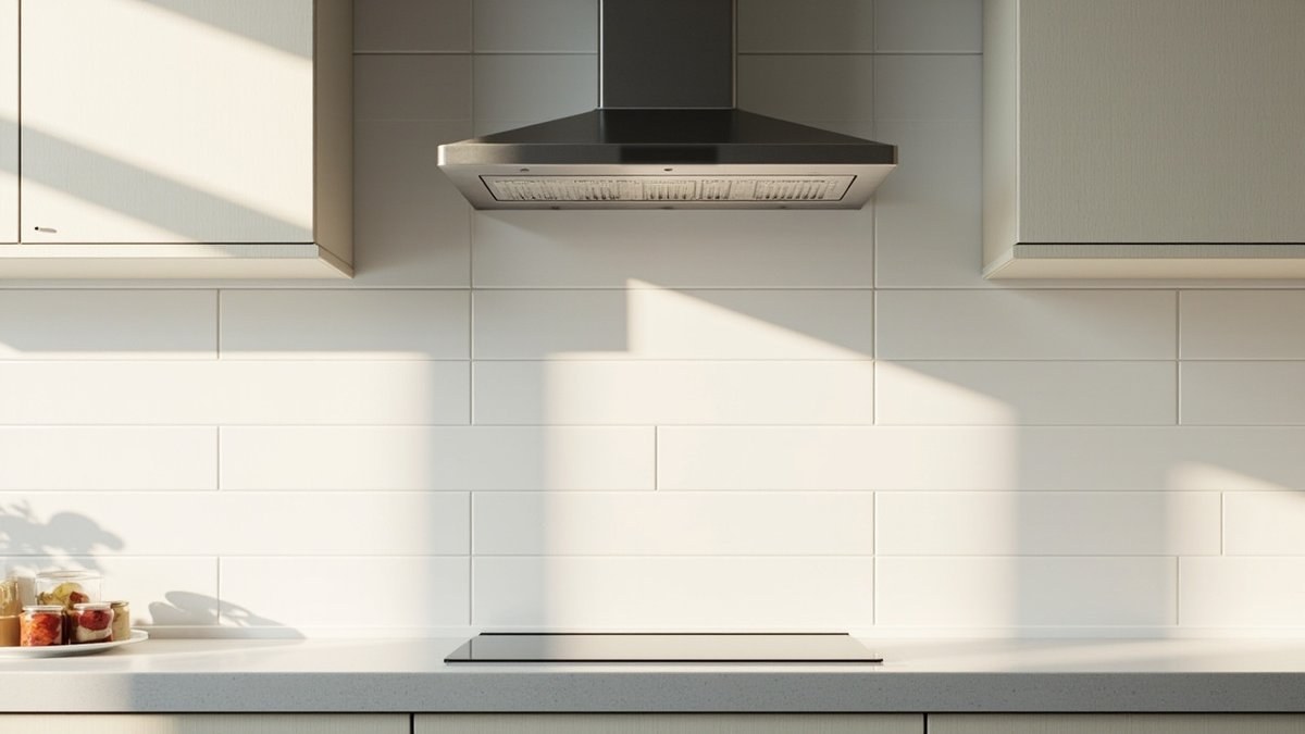 Illustrative concept design: stainless chimney hood with its duct above a flush hob on a white tiled wall