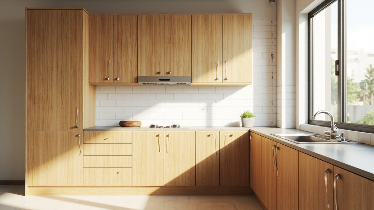 Illustrative concept design: L-shaped run of oak-look cabinets with a slim hood, white subway tiles and a stainless sink under a window