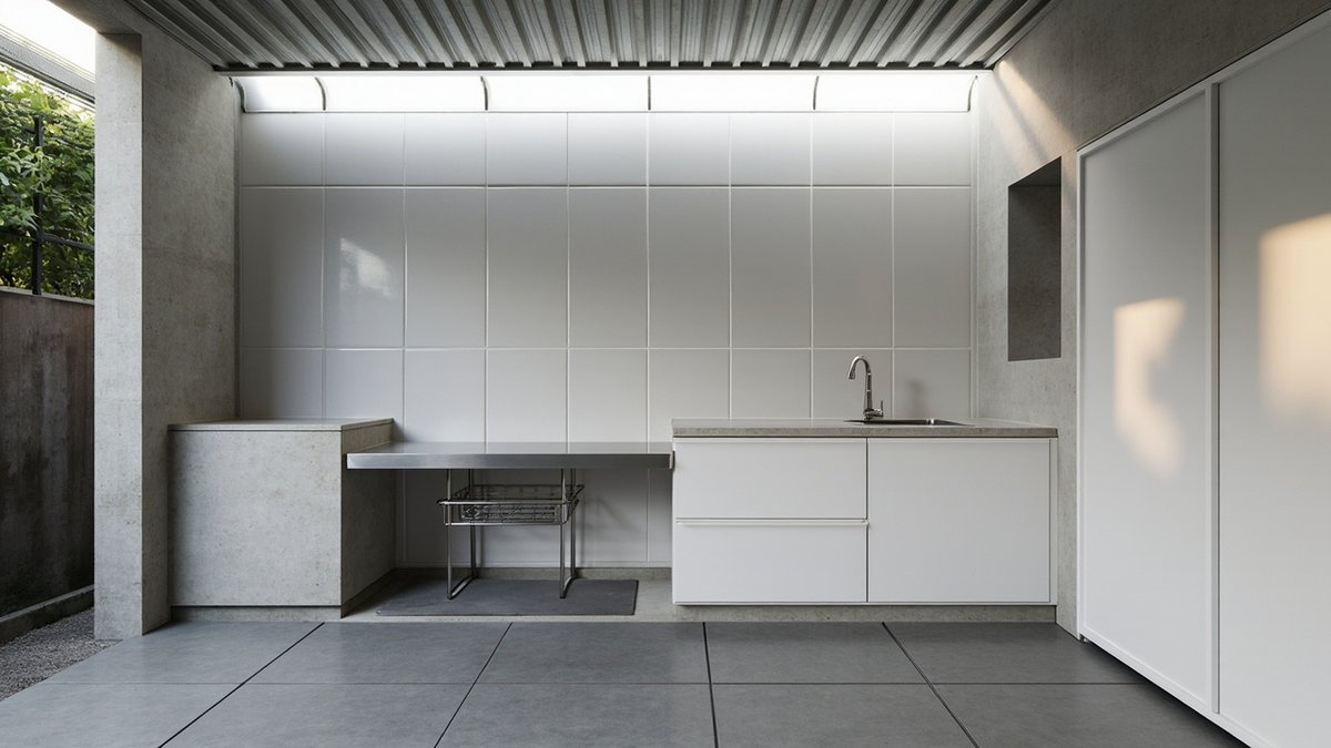 Illustrative concept design: covered back yard with a metal roof, white tiled wall, concrete counter, steel rack and a sink cabinet
