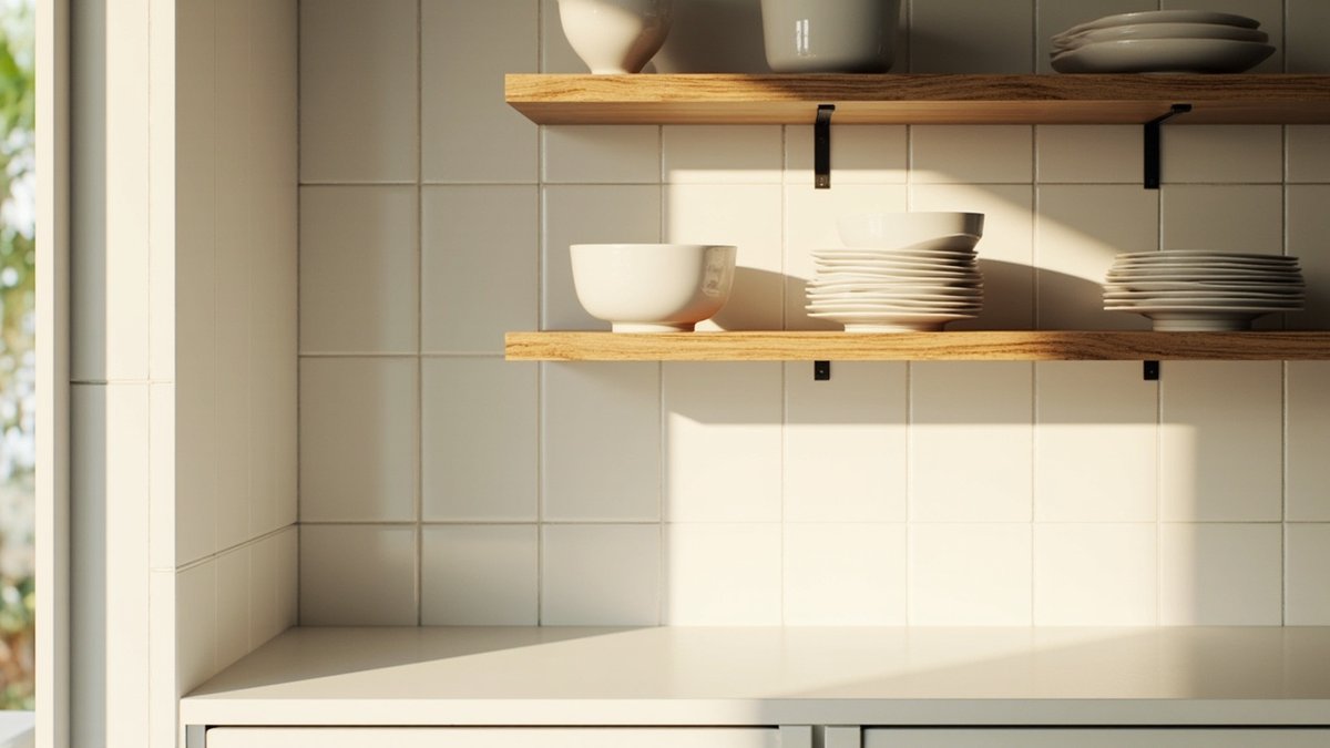 Illustrative concept design: two timber shelves on black brackets with plain white crockery on a cream tiled wall