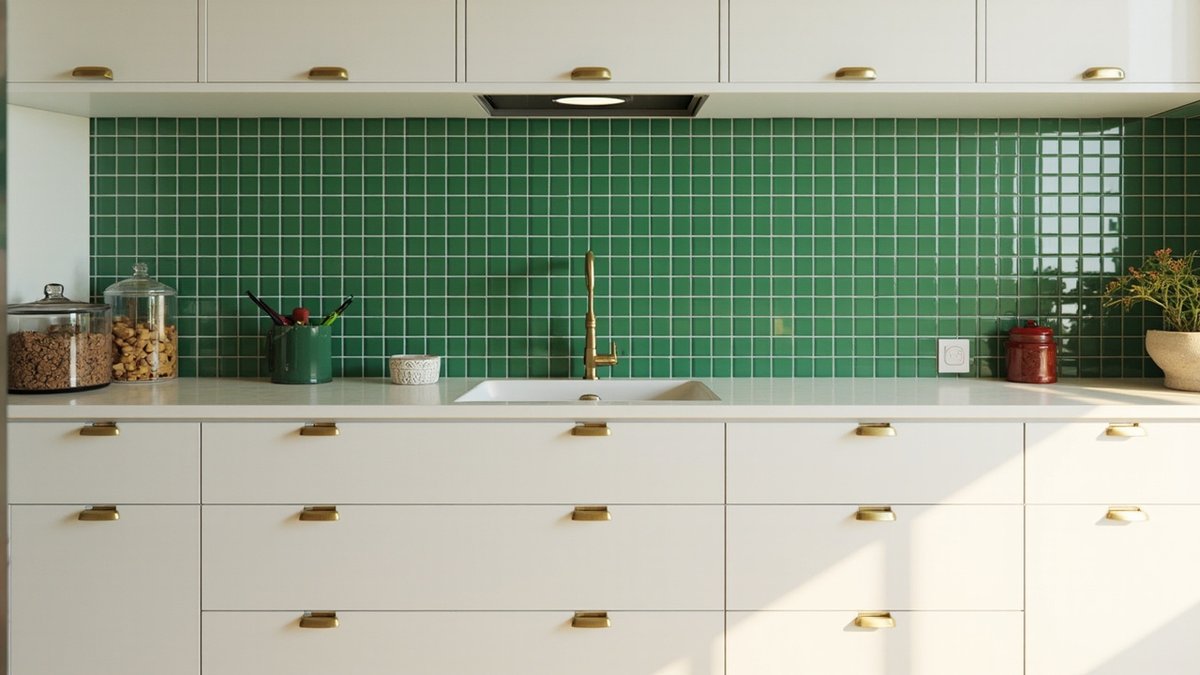 Illustrative concept design: small square green wall tiles above white drawers with brass handles and a white sink