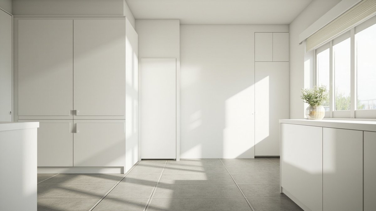 Illustrative concept design: tall white floor-to-ceiling pantry cabinets with plain doors in a bright kitchen corner