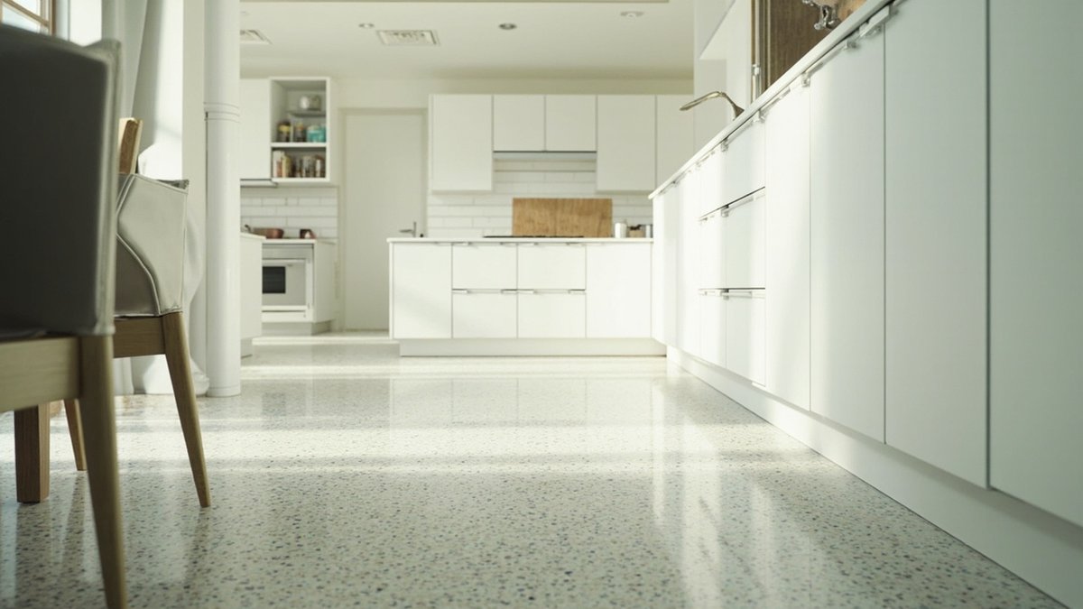 Illustrative concept design: polished white terrazzo floor running from the dining chairs into a white kitchen