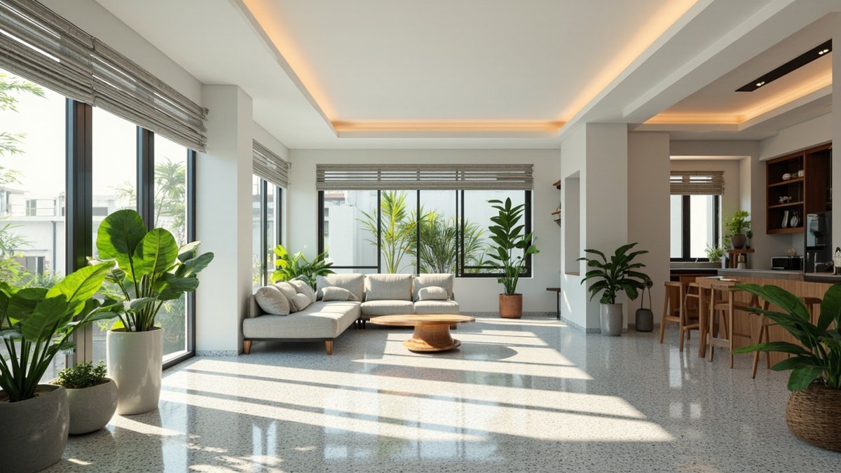 Ilustrasi konsep reka bentuk: ruang tamu yang terang dengan lantai terrazzo digilap, siling plaster berlampu cove, tingkap berbingkai hitam dan sofa cerah