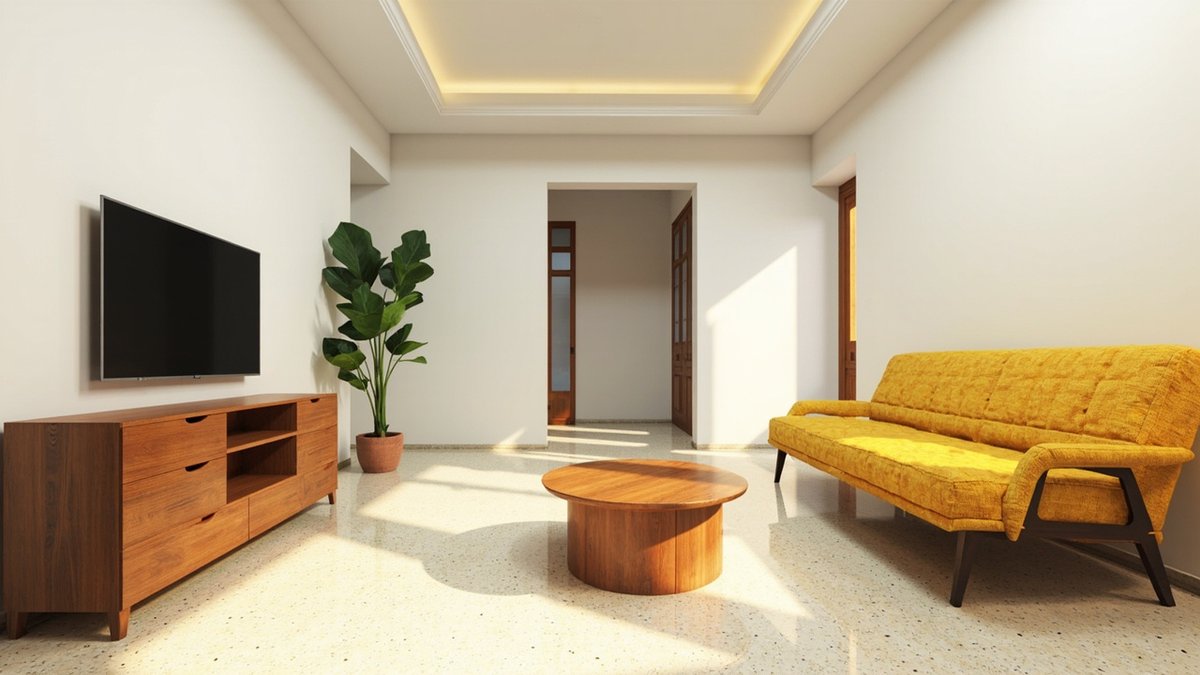 Ilustrasi konsep reka bentuk: ruang tamu dengan kabinet sisi rupa jati, sofa kuning mustard, meja kopi kayu bulat dan lantai terrazzo