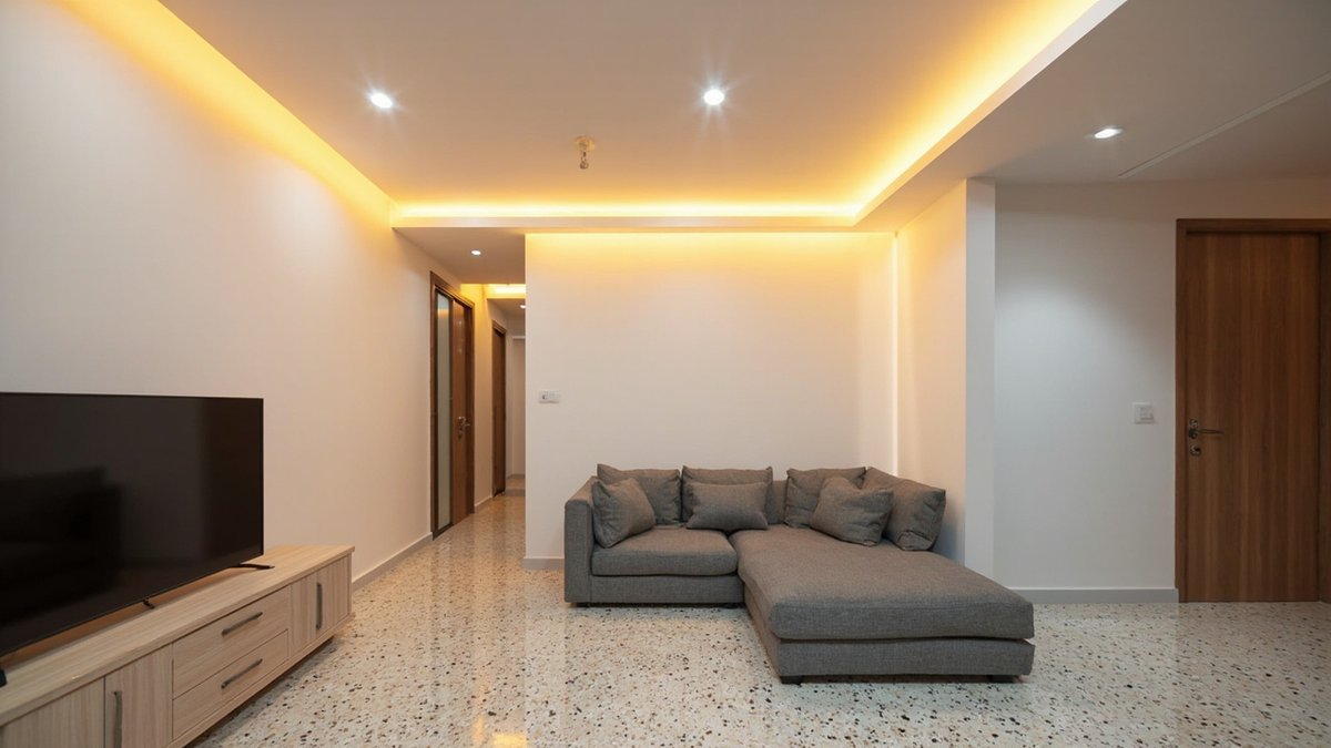 Ilustrasi konsep reka bentuk: ruang tamu dengan siling plaster putih, lampu cove hangat dan downlight di atas lantai terrazzo dan sofa kelabu