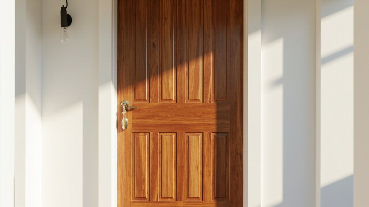 Ilustrasi konsep reka bentuk: pintu utama kayu berpanel yang divarnish dengan pemegang tuil tembaga dalam dinding putih