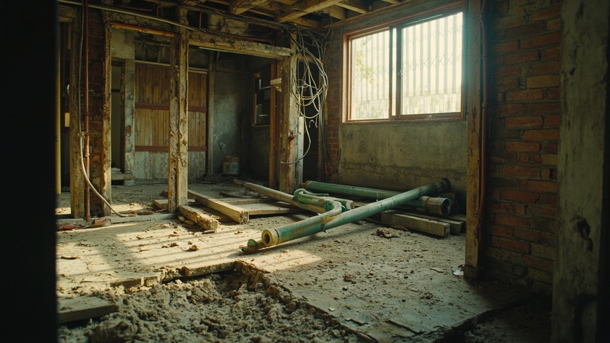 Old terrace house mid-renovation with wall chases opened for rewiring and re-piping