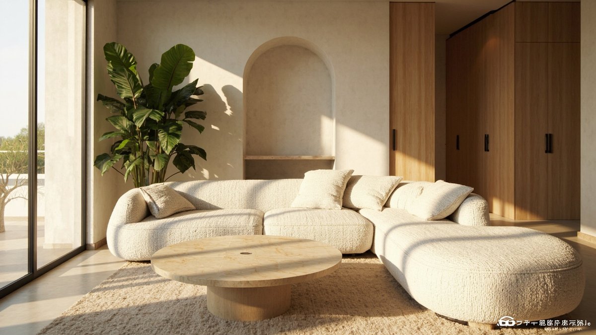Organic modern condo living room with a curved boucle sofa, travertine table, limewash walls and oak cabinets