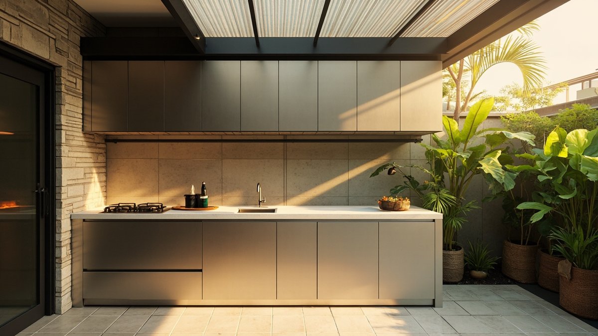 Dapur luar berbumbung di halaman belakang dengan kabinet stainless steel, table top batu dan dapur kuali