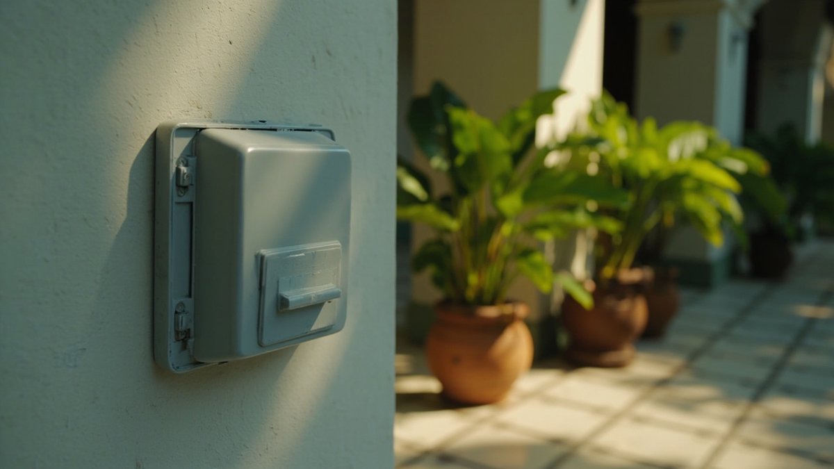 Weatherproof outdoor power socket with a closed lid on a porch pillar
