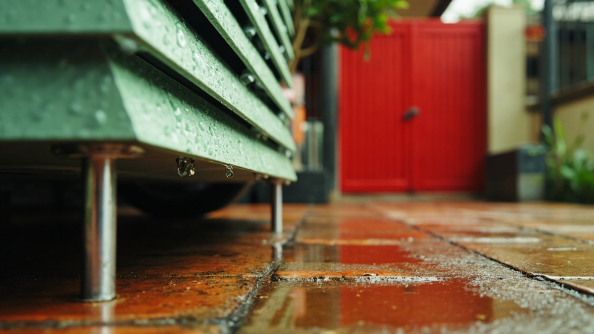 Sage-green aluminium louvred shoe cabinet on raised legs on a wet porch with rain drops