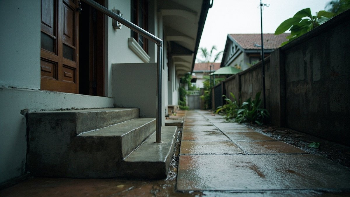 Wide outdoor steps with a handrail beside a gentle driveway ramp, wet after rain