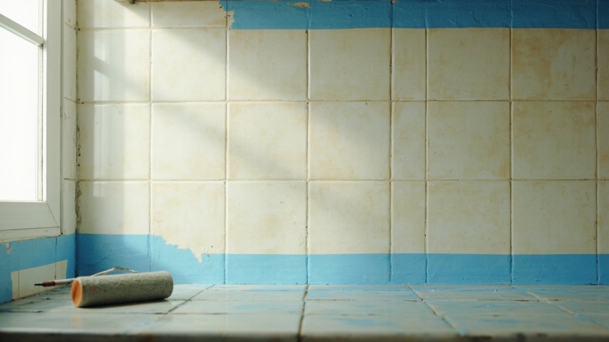 Old kitchen wall tiles half painted grey with the grout lines still visible
