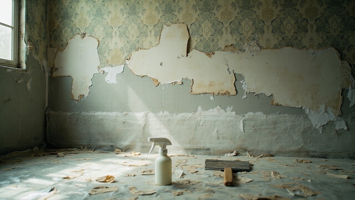 Wallpaper bercorak lama separuh ditanggalkan dari dinding bilik tidur menampakkan plaster