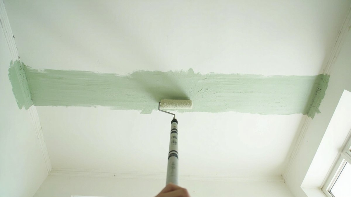 Penggelek cat menyapu cat hijau sage pada siling plaster dalam cahaya condong