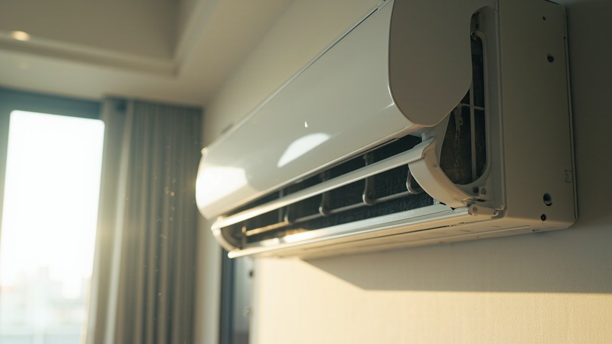 Split-unit air conditioner filter panel opened for cleaning