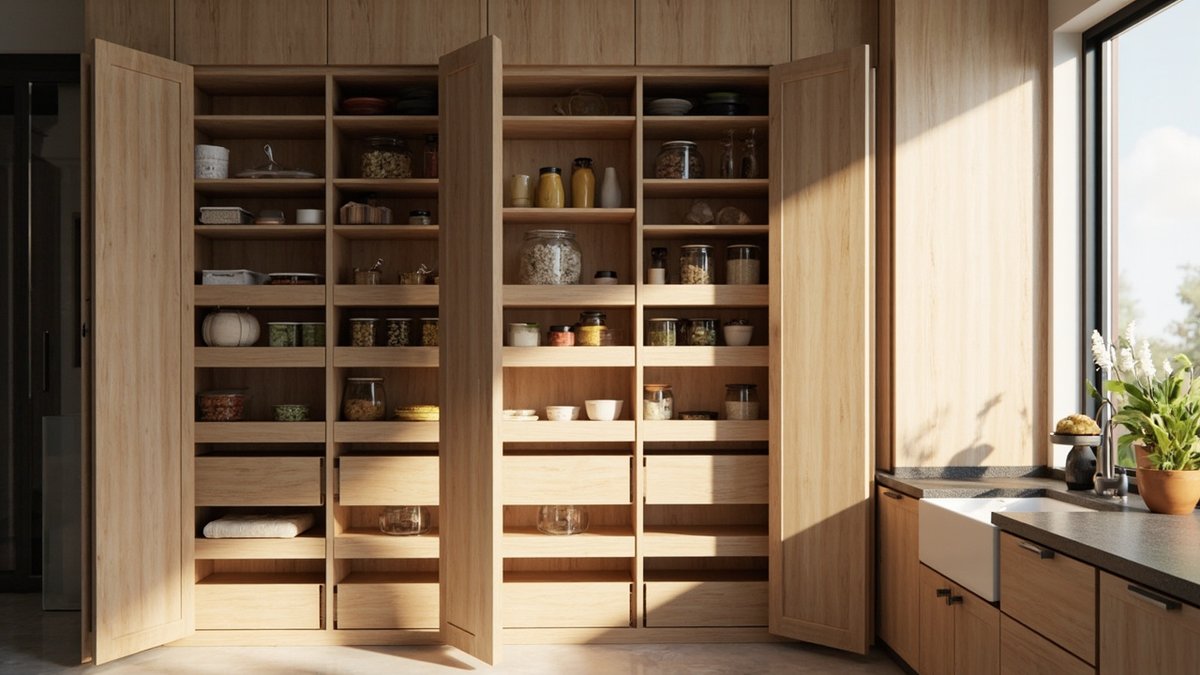 Tall pantry cabinet with pull-out shelving in a Malaysian dry kitchen