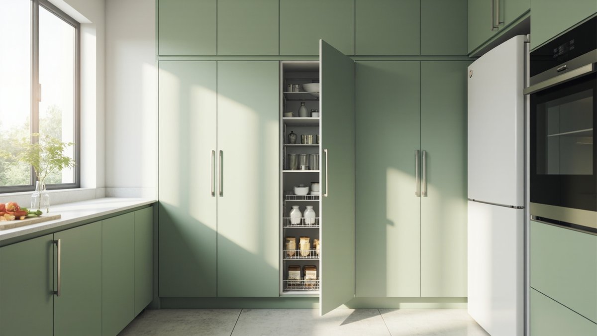 Illustrative concept design: terrace kitchen with a wall of sage green tall pantry cabinets, one open on shelves and wire baskets of jars