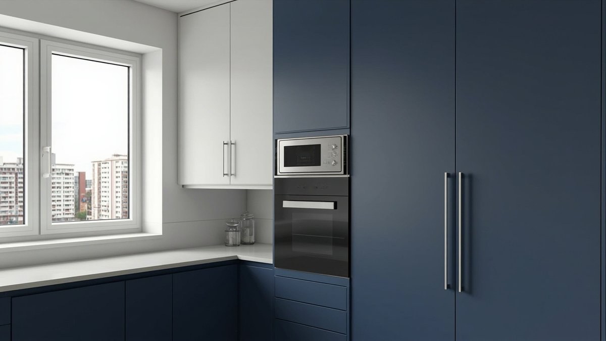 Ilustrasi konsep reka bentuk: kabinet tinggi biru tua dengan microwave terbina disusun di atas oven terbina