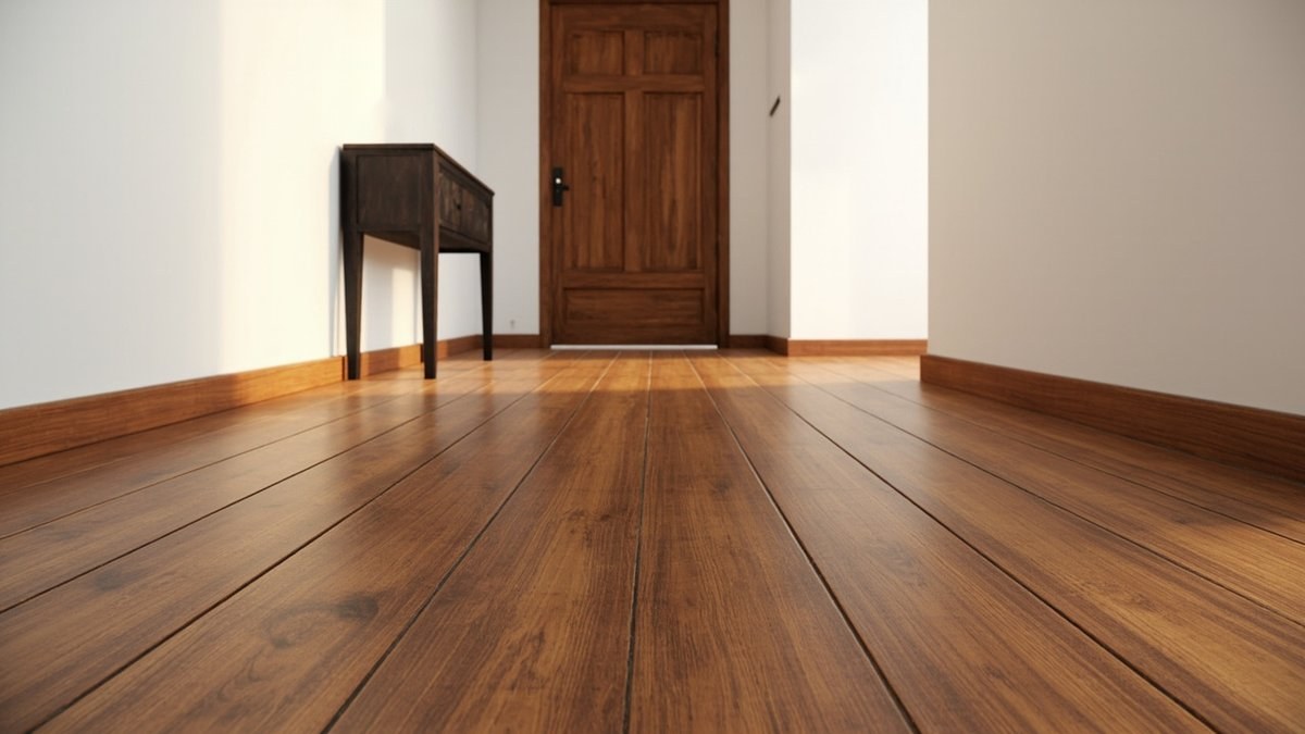 Illustrative concept design: dark honey-brown chengal strip parquet in a ground-floor entrance hall