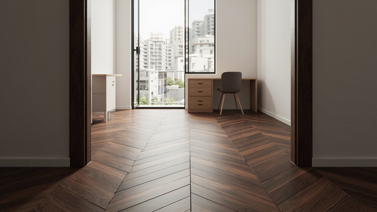 Illustrative concept design: dark walnut chevron parquet under a light timber desk in a study