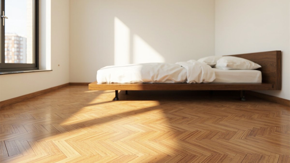 Illustrative concept design: golden-brown teak herringbone parquet under a low timber bed in a master bedroom