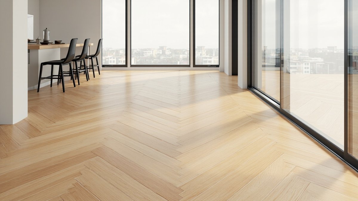 Illustrative concept design: pale oak chevron parquet running past a breakfast counter with black bar stools