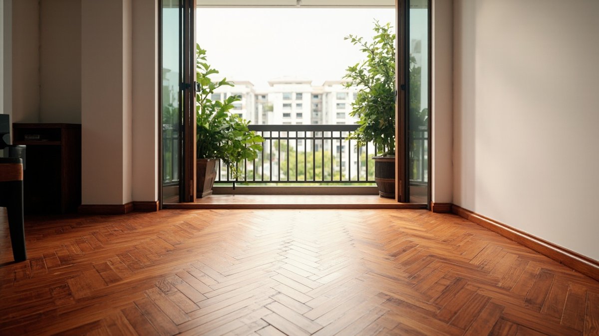 Illustrative concept design: merbau herringbone parquet stopping at a timber threshold before an open balcony door